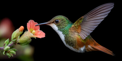 Obraz premium White bellied hummingbird feeding on red flower against black background nature minimal