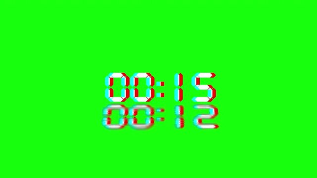 Twenty second countdown created for preparation timing with digital glitch accents. Reflective numbers animate smoothly with distortion on green background. Ideal for event prep, broadcast overlays