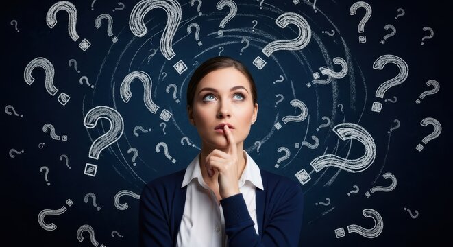 Woman Pondering Surrounded by Chalk Question Marks