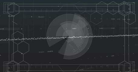 Animation of data processing and shapes on black background - Powered by Adobe