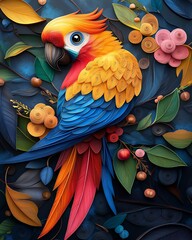Vibrant parrot perched among colorful foliage.
