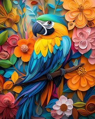 Vibrant parrot surrounded by colorful flowers.