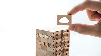 Hand placing cloud icon block on tower of server blocks on white background data storage