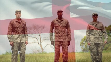 Animation of flag of england over diverse male soldiers