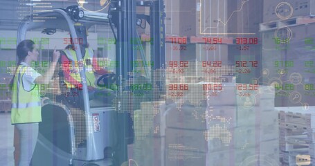 Animation of data processing over diverse male and female workers discussing at the warehouse - Powered by Adobe