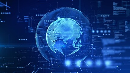 Futuristic 3D digital earth with data streams and interface graphics. Ideal for global technology, network systems, or big data analysis visuals. Technology digital data network concept - Powered by Adobe