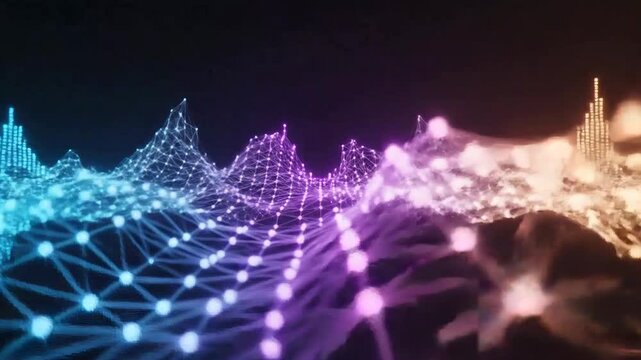 Abstract visualization of sound waves with interconnected nodes, representing technology and communication.