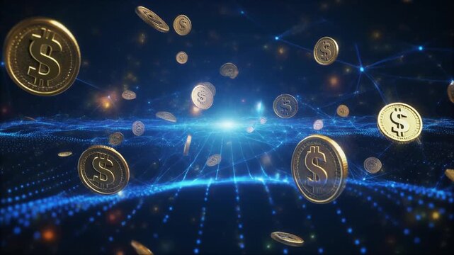Futuristic cryptocurrency economy background video, floating bitcoin and ethereum coins