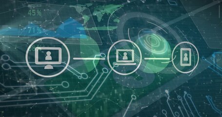 Animation of financial data and graphs on digital screen and technology icons - Powered by Adobe
