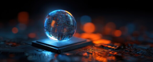 The Holographic Globe on a Microchip Symbolizing Global Digital Technology and Connectivity