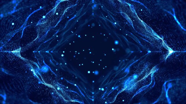 Blue Digital Tunnel with Abstract Particle Waves and Symmetrical Futuristic Digital Data Flow. Technology Abstract Background