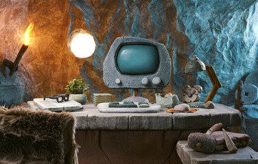 Prehistoric office desk and computer made of stone
