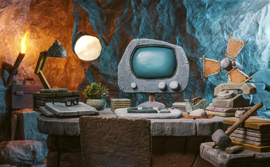 Prehistoric office desk and computer made of stone