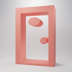 Pink Hotel corridor with closed numbered door icon isolated on pink background. Minimalism concept. 3D render illustration