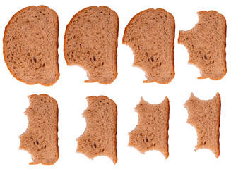 Isolated collection of bitten malt bread on white background	