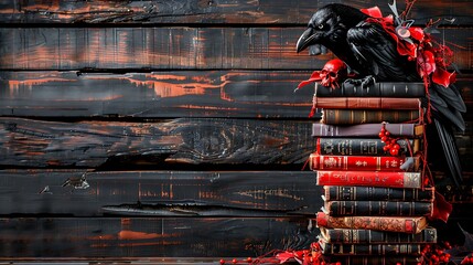 Black raven on stack of vintage books with gothic red flowers and skull, dark mysterious still life