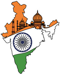 Symbolic illustration representing the nation of india featuring the map outline and iconic historical architectural landmarks