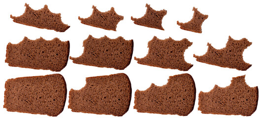 Isolated collection of bitten brown bread on white background	
