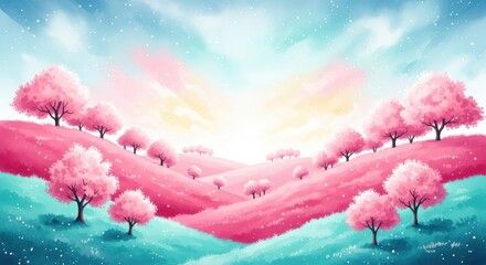 Whimsical Pink Cherry Blossom Hills Fantasy Landscape