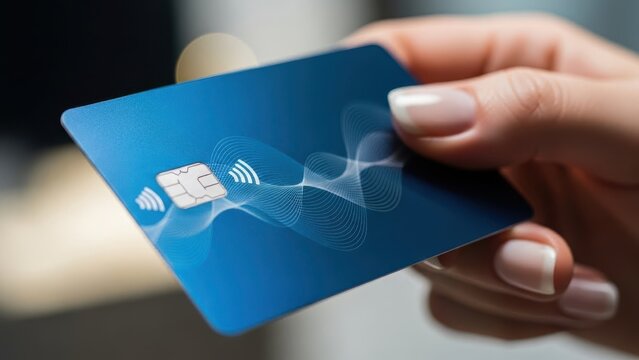 Woman Holds Blue Credit Card With Contactless Payment - Powered by Adobe