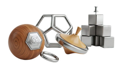 Geometric Toys and Shapes with Metal and Wood Textures