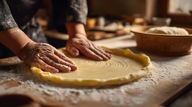 A baker's hands gently press and shape a circle of pie dough on a floured surface, showcasing the careful preparation and artistry involved in creating a homemade pastry.