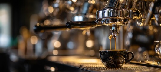 The espresso machine pouring a fresh espresso shot into a small porcelain cup