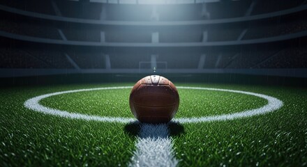 Vintage brown leather soccer ball positioned on the green grass pitch of a professional sports arena under bright stadium lights ready for play