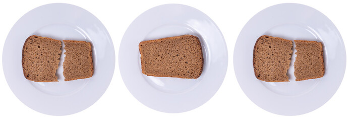 Isolated collection of bown bread on plates on a white background