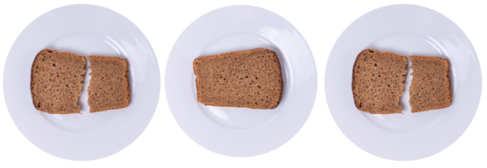 Isolated collection of bown bread on plates on a white background