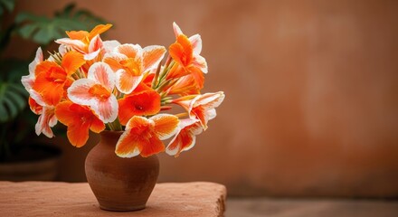 Vibrant orange and white flowers in a rustic clay vase on a stone surface with a warm terracotta wall creating a natural and inviting scene