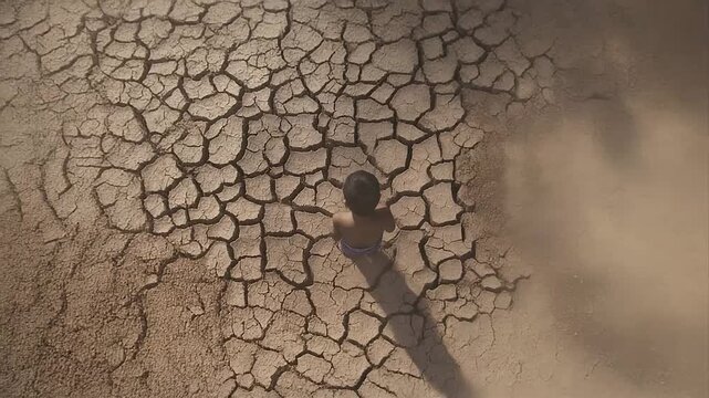 Young boy walking across dry, cracked earth in a wide shot, illustrating drought, climate change, and environmental impact.