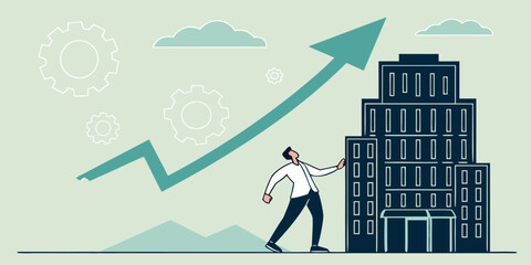 Ambitious businessman strives toward towering corporate success guided by an upward trending arrow