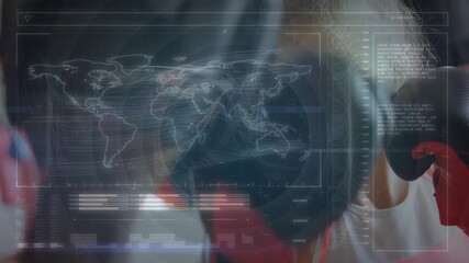 Animation of binary coding data processing over female of recording basketball player - Powered by Adobe