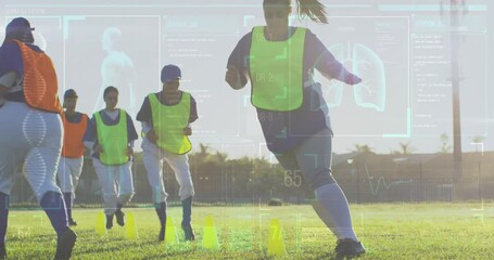 Animation of data processing over diverse female baseball players exercising - Powered by Adobe