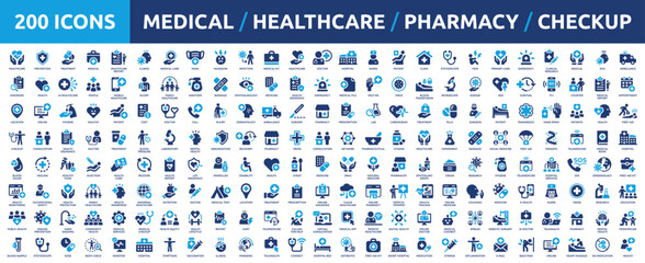 Huge set of 200 solid icons. Mega collection concept of medical, healthcare, pharmacy, checkup, and medicine. Vector illustration.