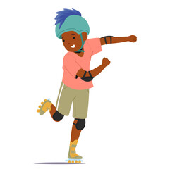 Obraz premium Funky cool boy child cartoon character on roller skates riding with high speed isolated on white