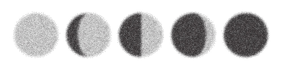 Spray illustration of Moon phases. Stipple texture of black and white gradation. Halftone vector of planet with light and dark sides. Circles with dot pattern