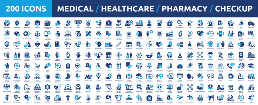 Huge set of 200 solid icons. Mega collection concept of medical, healthcare, pharmacy, checkup, and medicine. Vector illustration.
