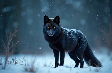 Obraz premium Black fox with glowing yellow eyes stands in a snowy forest during snowfall. Its dark fur is dusted with white snowflakes. The wild animal looks calmly into the camera.