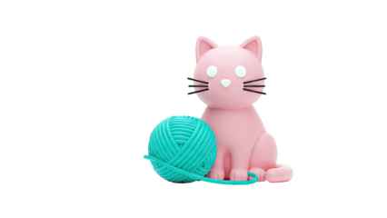 Pink Cat Figurine with Teal Yarn Ball