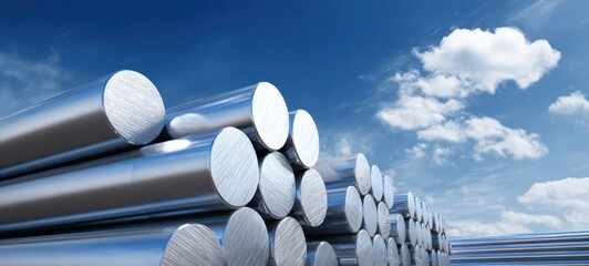 The Metal Rods Stacked in Row Outdoors Under Blue Sky with Clouds