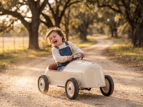 Laughing toddler in denim overalls driving a vintage cream pedal car on a dirt road lined with trees during a golden sunset, capturing pure childhood joy.