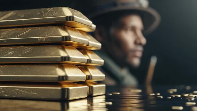 Gold bars stacked in front of a man at a low-light setting in a mining area