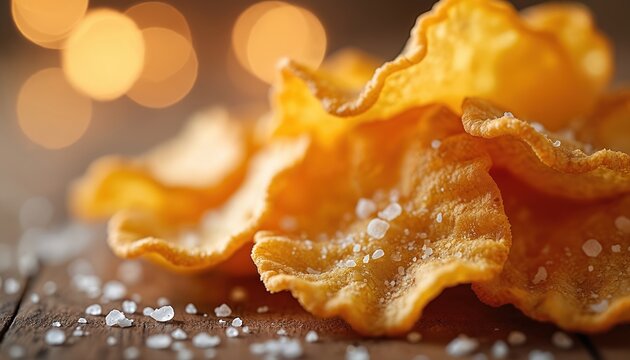 Close up shot presents tasty chips with salt against blurred bokeh background. Crispy snacks is ideal appetizer or party food. Appetizing fried chips is sweet delight for enjoying time. Tasty food.