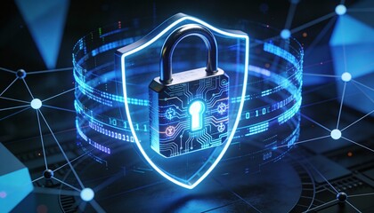 Futuristic cybersecurity protection shield with glowing check mark, digital data network security concept, privacy defense, antivirus encryption, and online safety technology background illustration