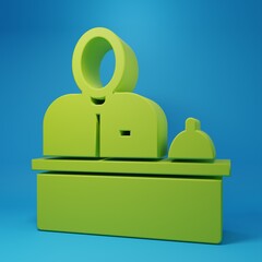 Green Receptionist standing at hotel reception desk icon isolated on blue background. Minimalism concept. 3D render illustration