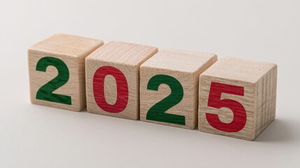 The wooden blocks displaying 2025 in red and green on neutral white background
