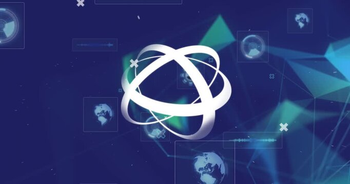 Animation of abstract shape spinning over round scanners and plexus networks on blue background