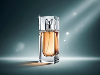 Luxurious perfume bottle with golden liquid and sparkling light